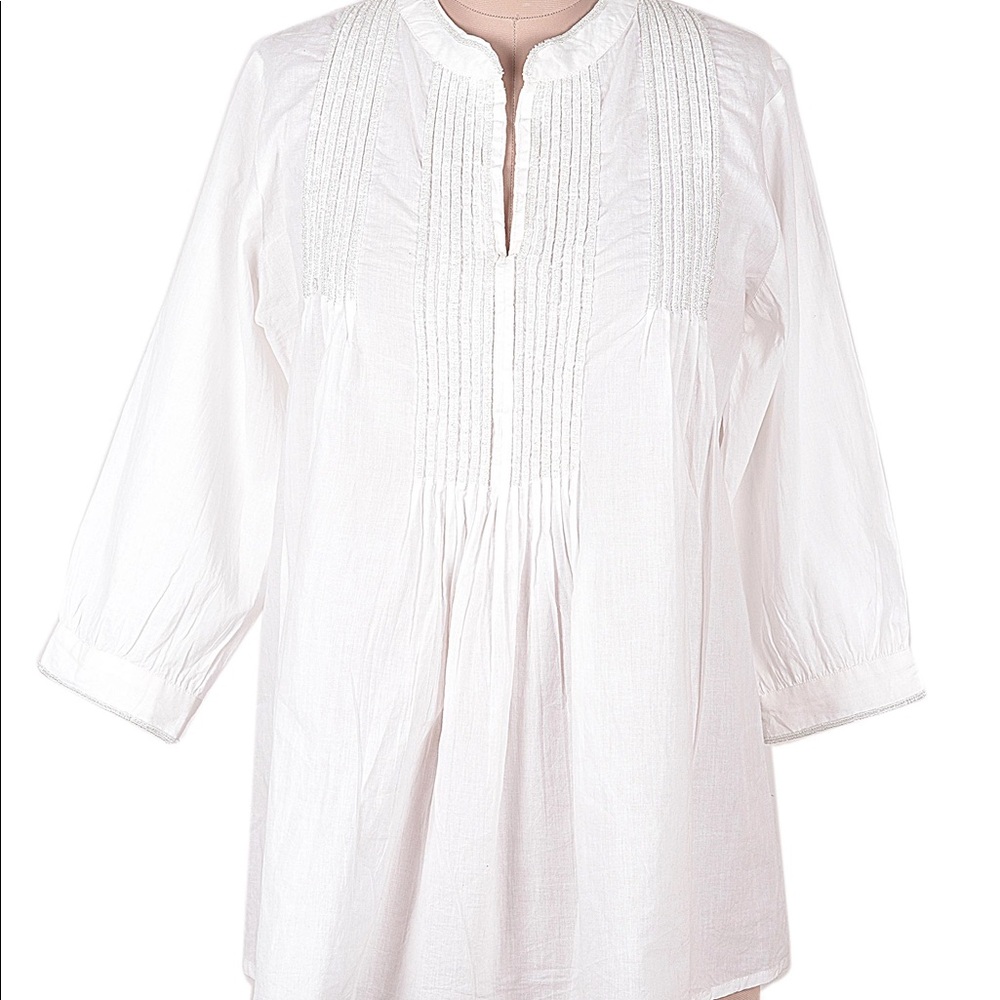 Novica White Cotton Blouse Beadwork and Pintucks Udaipur Lake Tunic L
